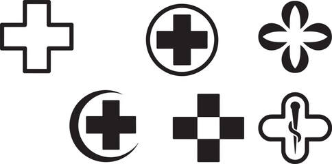 Obraz premium Collection of Medical Cross and Healthcare Symbols in Black and White first aid medicine