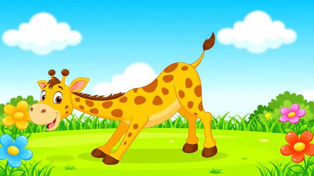 Cartoon giraffe jumping in a green meadow with flowers and blue sky
