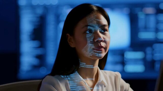 Portrait of Asian Female Startup Digital Entrepreneur Working on Computer, Line of Code Projected on His Face and Reflecting. Software Developer Working on Innovative e-Commerce App using AI, Big Data