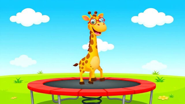 Cartoon giraffe bouncing high on trampoline in sunny day