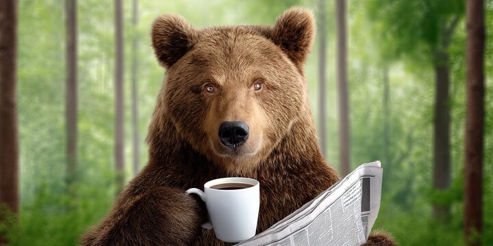 bear sitting on toilet holding cup of coffee and reading newspaper, forest background 