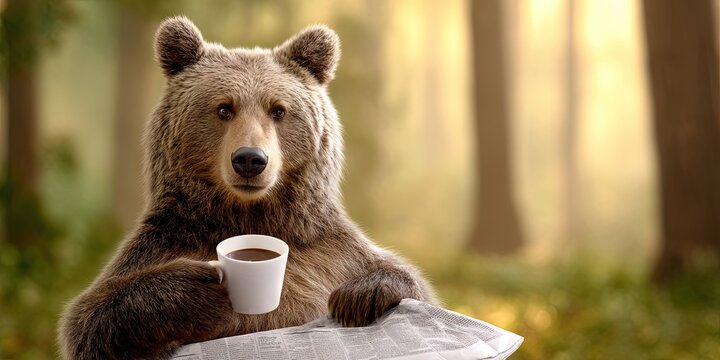 bear sitting on toilet holding cup of coffee and reading newspaper, forest background 