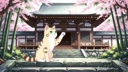 Cat in front of temple scene featuring cherry blossoms in an illustrated style