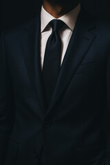 Elegant dark suit with crisp white shirt and tie—timeless business style and professionalism close-up — generative AI
