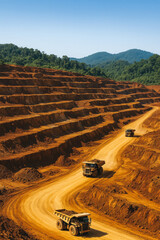 Aerial view of terraced open-pit nickel mine in tropical Indonesian hills with three heavy dump trucks on dusty winding haul road under clear blue sky, resource extraction, generative AI