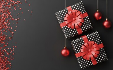 Obraz premium Two christmas gifts with red ribbon and baubles on black background