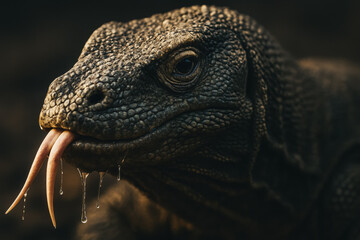 Ultra detailed close-up of Komodo dragon head with forked tongue out and saliva dripping, rough reptile scales in low light, dangerous predator wildlife portrait, generative AI