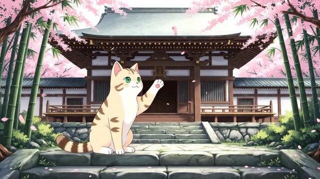 Cat in front of temple scene featuring cherry blossoms in an illustrated style