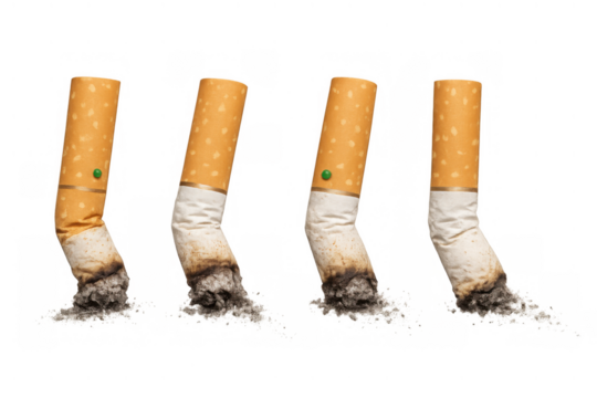 Cigarette butts with ash and unlit menthol capsules showing smoking addiction, environmental pollution, and waste problem on transparent background