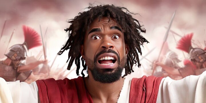 comically overwhelmed african american Jesus Christ with romans rampaging behind him
