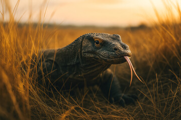 Komodo dragon crawling through tall dry grass at sunrise, tongue tasting the air, warm golden backlight with dust particles, wild reptile behavior and habitat, generative AI