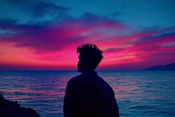 A man standing on a cliff overlooking the ocean at sunset