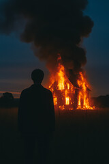 Silhouette watches a house engulfed in flames under a smoke column at dusk—dramatic emergency and mystery scene — generative AI