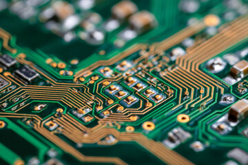 Detailed view of a printed circuit board showing intricate copper pathways and soldered electronic components on a green substrate for technology applications