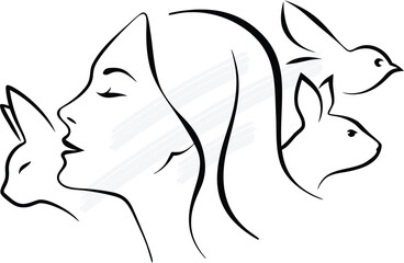 Minimalist line drawing a woman's profile with a rabbit a bird bunny animal woman continuous line art