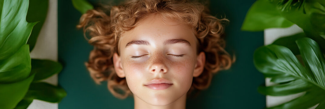 A peaceful moment with nature's embrace. A young woman with curly red hair lies serenely amidst lush green leaves, eyes closed, freckled skin, a symbol of wellness.
