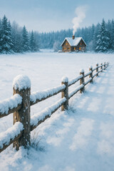 Cozy cabin beyond a snow-covered wooden fence as chimney smoke rises; peaceful winter countryside scene — generative AI