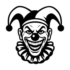 Evil Clown Face Vector Illustration – Creepy Circus Clown Mask Design, Scary Grinning Character, Horror Art in Black and White