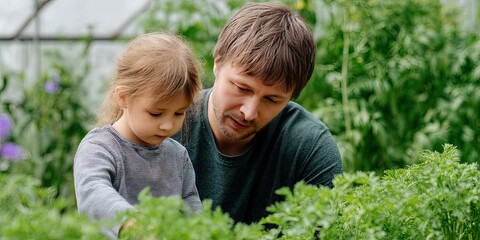 dad showing daughter how to garden in the greenhouse