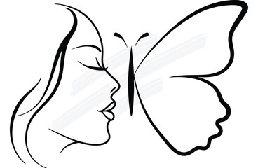 Artistic line drawing a woman's profile with a large butterfly's wings animal woman continuous line art