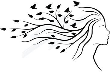 Stylized profile a woman with flowing hair intertwined with branches animal woman continuous line art
