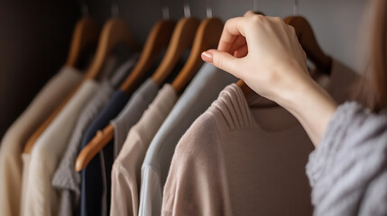 A well-organized wardrobe. A hand choosing a garment from a rail of clothes hanging neatly on wooden hangers. Soft neutral tones for a calm and stylish look. Wardrobe goals!