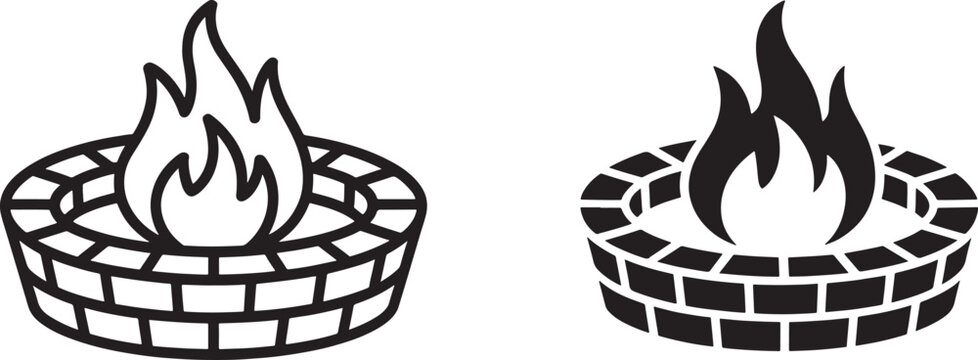 Two black and white icons of a fire pit with flames on a white background symbol