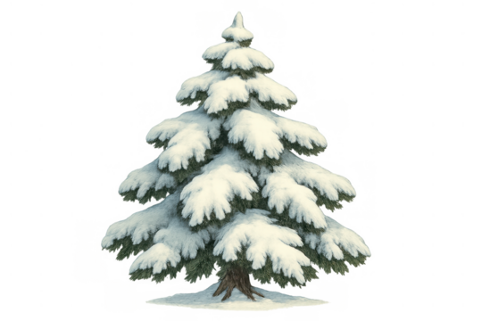 Snow covered fir tree with green needles, white snow resting on branches, symbolizing winter and christmas season