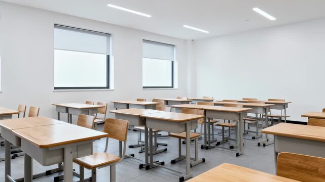 Rows of desks and chairs in a clean, empty school classroom. Preparation for the new academic year. Panning and tilting shot.