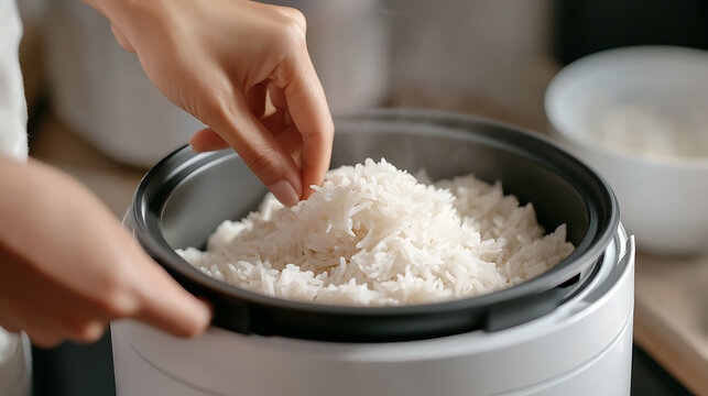 Steaming Perfection: A hand delicately takes a serving of fluffy, perfectly cooked rice from a modern electric rice cooker, ready to complement a delicious meal.