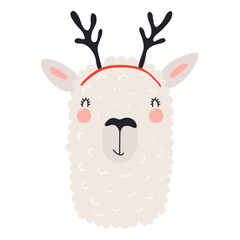 Llama with reindeer antlers isolated on transparent. Hand drawn flat vector illustration. Cute cartoon character. Traditional Christmas, New Year, seasonal design element, holiday clip art
