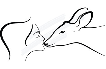 Woman kissing a deer profile line art with closed eyes Keywords: woman, deer, animal woman continuous line art