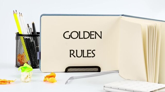 Conceptual golden rule symbol. Animation of the GOLDEN RULES concept words on a blank sheet of notepad