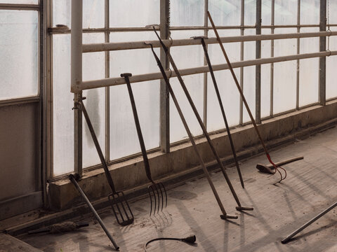 Tools used in a old school greenhouse stand against a glass wall.