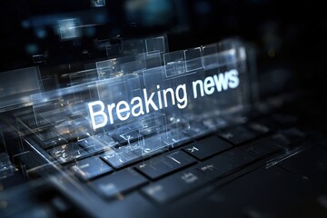 Large luminous inscription "Breaking news" on a transparent digital screen floating above a laptop keyboard, symbolizing urgency, digital information and the speed of global news dissemination
