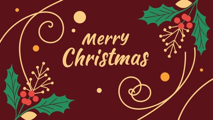 Festive merry christmas background with holly leaves and berries for holiday season
