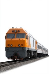 Fototapeta premium Orange and grey train on tracks against clear sky