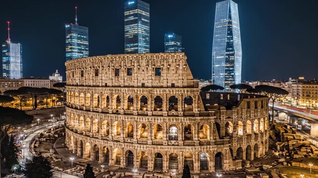 Majestic colosseum at night with modern cityscape and light trails capturing urban energy