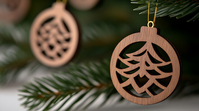 Festive wooden ornament hanging on evergreen branch, with cutout fir tree design. A rustic touch to holiday decor, adding warmth to any room. Subtle celebration.