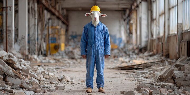 professional photo of a scapegoat standing in a factory during an accident 