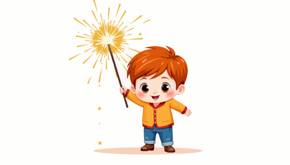 Illustration of a Happy Child Holding a Sparkler Against a Plain Background with a Sense of Wonder and Celebration Captured in a Moment of Joyful Innocence