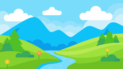 Obraz premium Cartoon landscape with mountains river and clouds