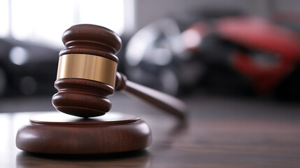 Obraz premium Wooden gavel in auction house, representing legal judgment. The auction process determines vehicle sales. A symbol of fairness and regulation in transactions.