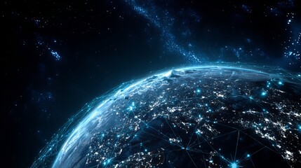 Obraz premium Dynamic global network illuminated by bright city lights and starry cosmos, connecting technology and communication across continents