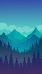 Illustration of a mountain range and forest scene