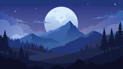 Night landscape with mountains and a bright full moon