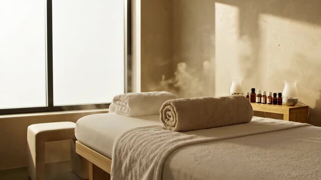 Empty massage table with essential oil and diffuser in steam spa salon. Relaxation, treatment, and wellness concept.