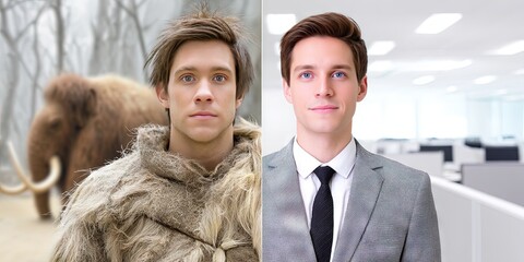 split screen photo of man evolving from a prehistoric stone age caveman on the left to a modern professional businessman on the right