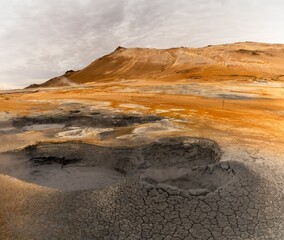 view of the mudpools at Hverir Geothermal Area in the Myvatn Region of northern Iceland