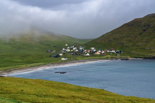 view of the village of Husavik on Sandoy in the Faroe Islands